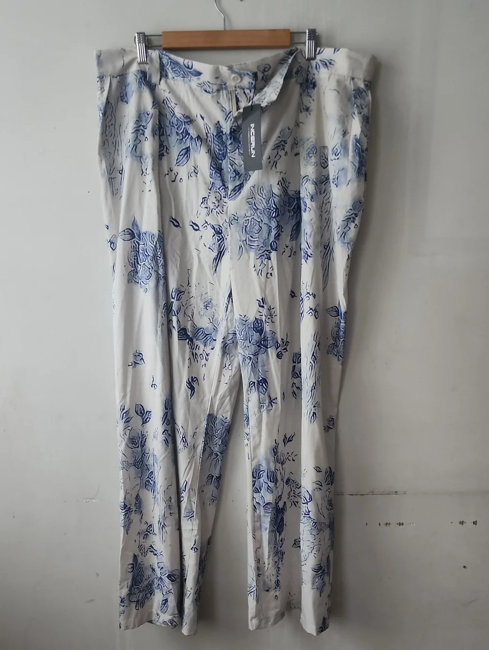 Men's White Floral Dress Pants with Blue Print